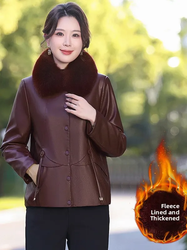 Manteau en cuir épais doublé polaire chaud pour femmes d'âge mûr – Tendance hiver, décontracté et confortable