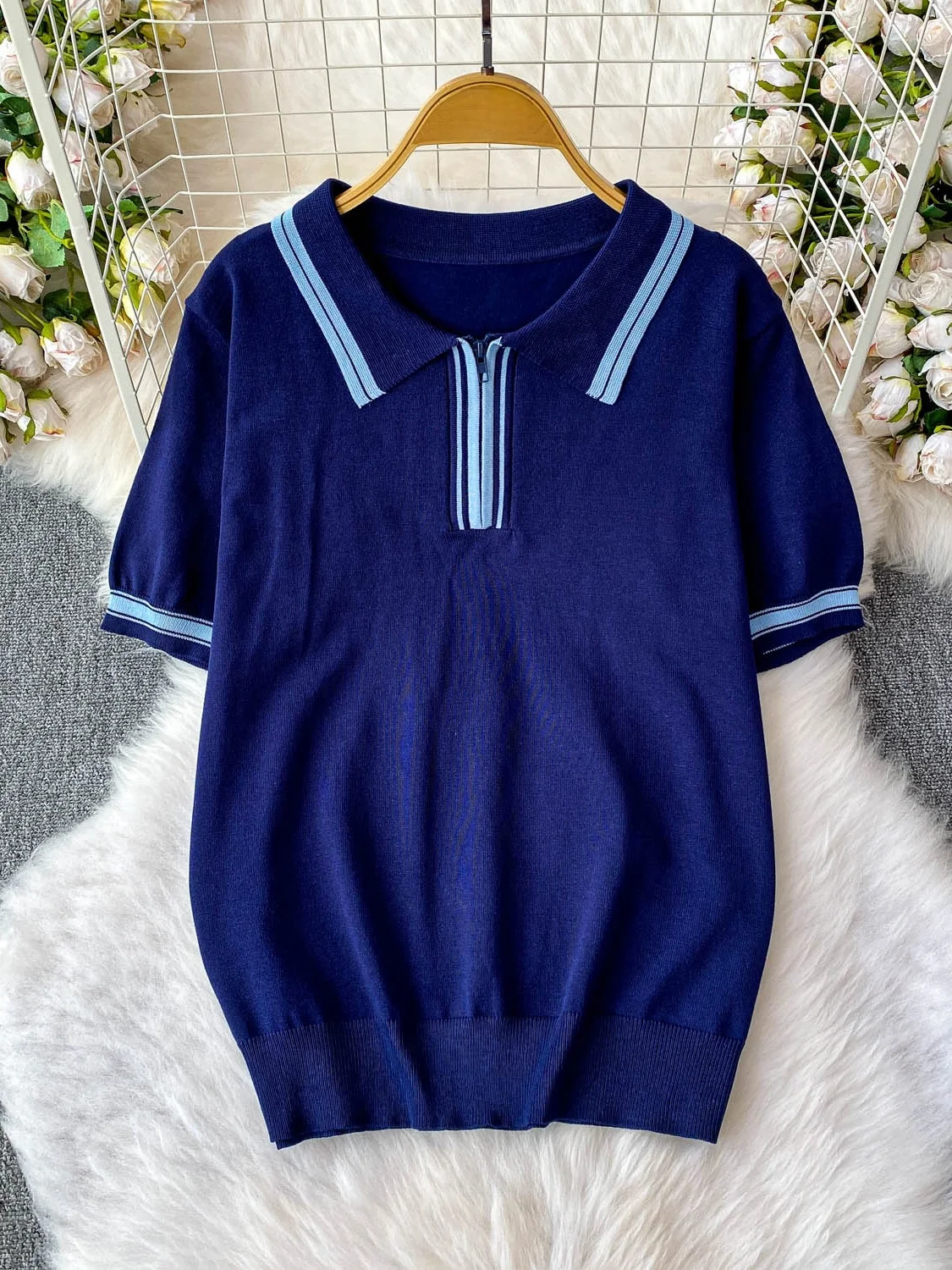 Faionable Color Blo Gestricktes Ne ort Sve T-Shirt mit hoher Taille, A-Linien-Rock, zweiteiliges Set für junge Frauen