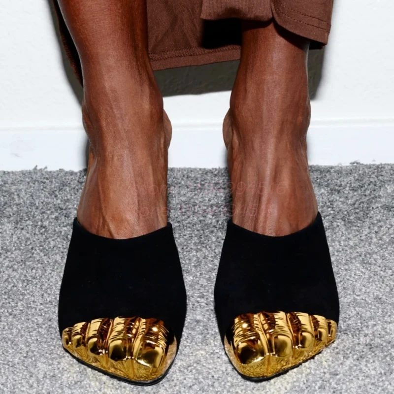 Gold Suede Five Finger Patchwork Slippers Women Fashion Patent Leather Slingback Thin Heels Lady Sexy Luxury Party Prom Shoes
