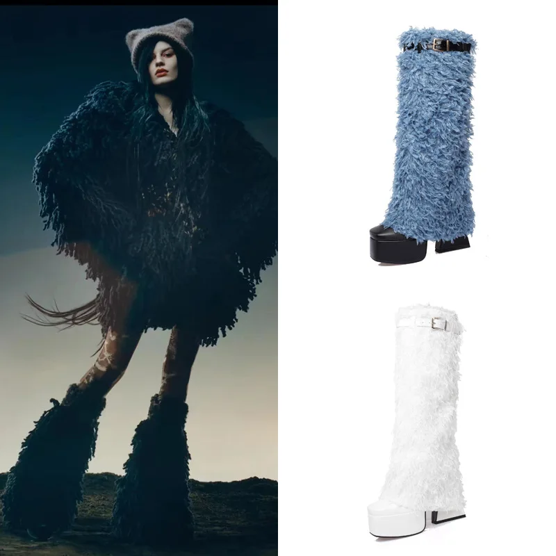 

Fashion Denim Knee High Platform Square Toe Fur Boots Luxury Women Buckle Chunky High Heel Boots Dress Sexy Design Lady Shoes