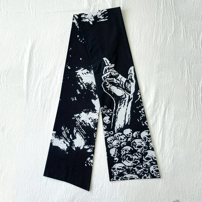 Autumn Winter New Darkly Goth Black White Skull Pattern Long Scarf Subculture Punk Personality Street Ladies Decorative Scarf