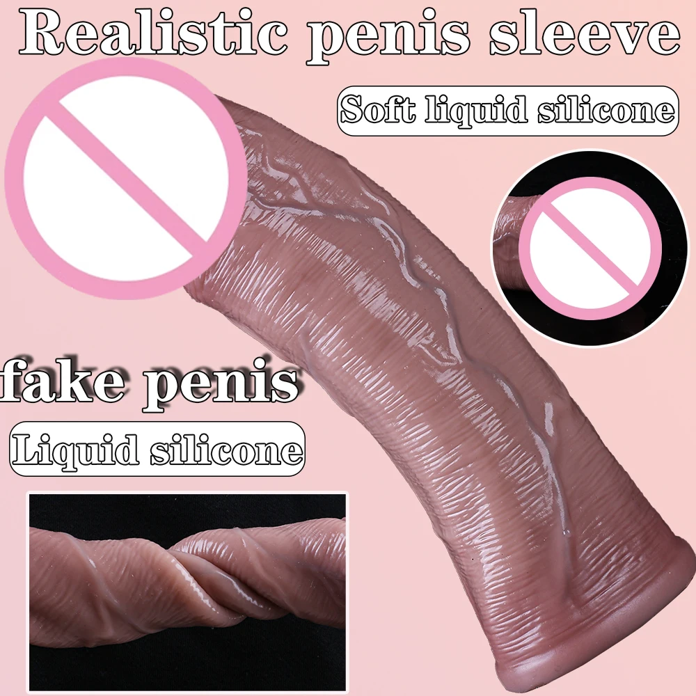 Long Big Penis Sleeve Male Thick Penis Sleeve Realistic Penis Soft Flexible Liquid Silicone Real Skin Texture Couples Bedroom Fun Adult Sex Toy Male Products view 3