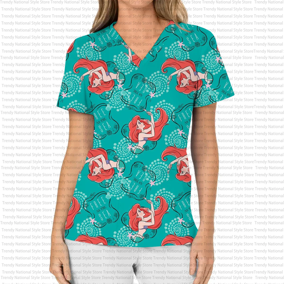 Disney Sirenetta Principessa Alice T-shirt da donna per negozio di animali ospedaliero da donna Uniforme da infermiera stampata Top opaco per allattamento