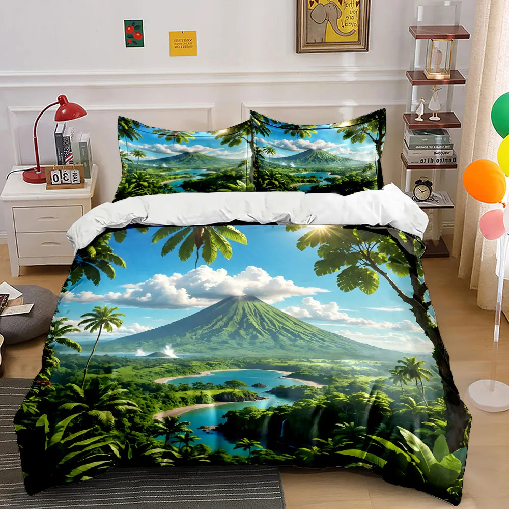 Lush landscape, volcano, river. Print Bedding Set 1 Duvet Cover 2 Pillowcases for Adult and Children Luxury Gift Full Size