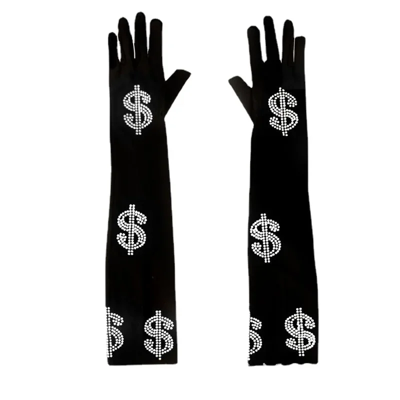 US Dollar Diamond Design Gloves Women Stage Performance Black White  Shinne Rhinestones Long Sunscreen Mittens Wedding Dress