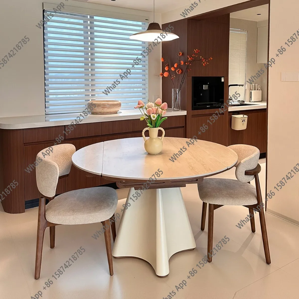 N67 Medieval cream wind rock slab dining table variable round table household solid wood dining table small apartment French din