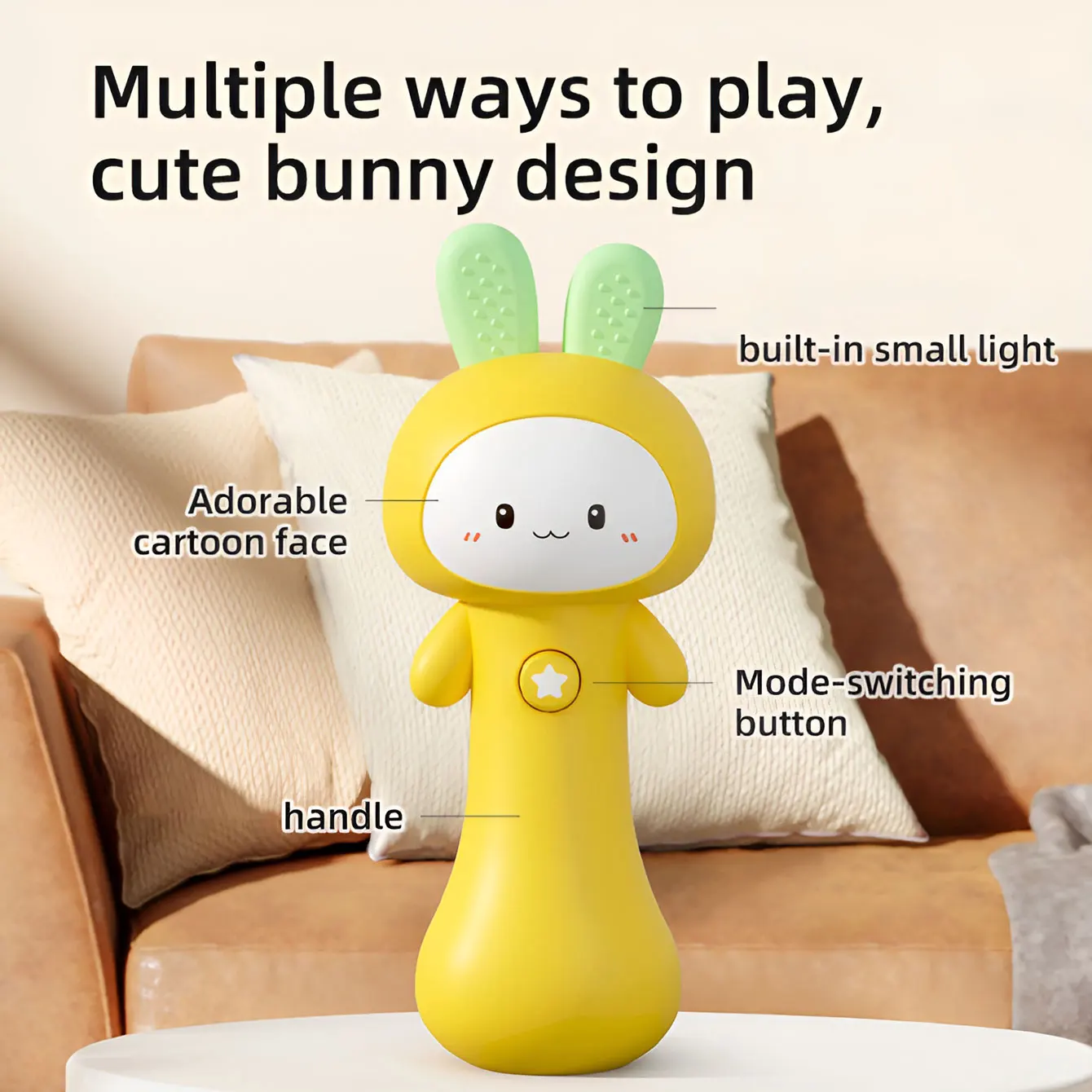 Cartoon music bell toy, rabbit sand hammer, multi-functional soothing sound and light toy
