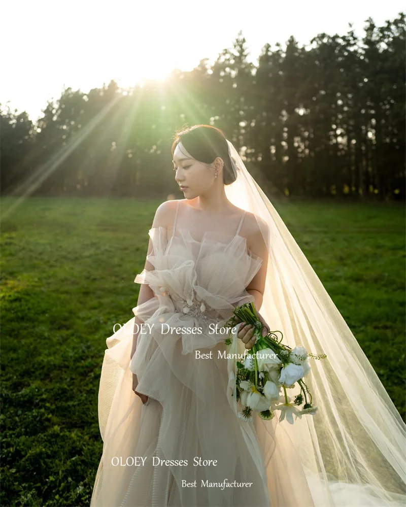 OLOEY 2024 Fairy Soft Tulle Korea Wedding Dresses Photoshoot Spaghetti Straps Ruffles Corset Back Long Veil Garden Bridal Gowns