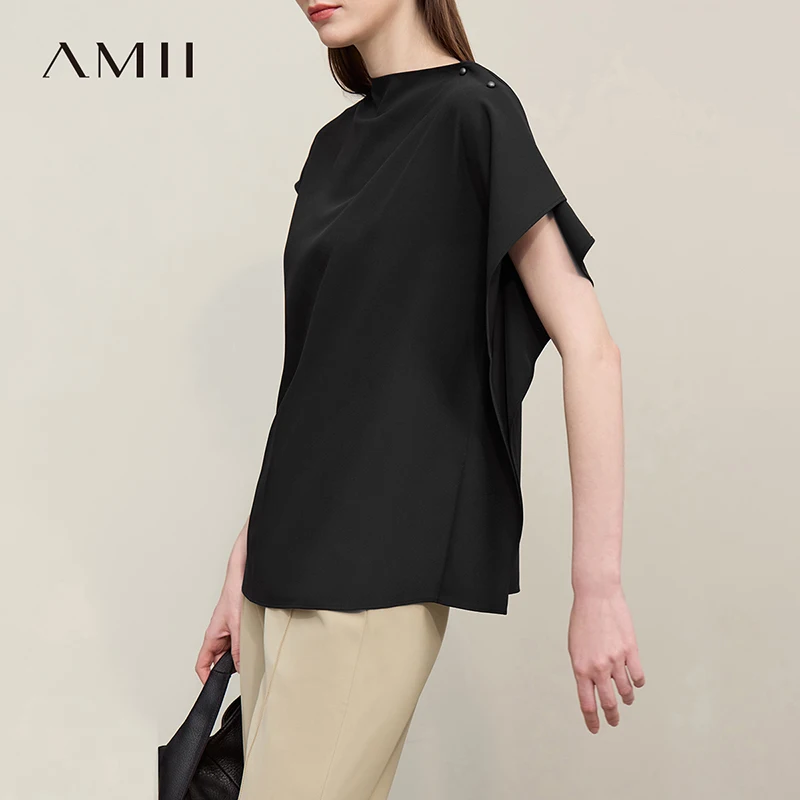 

Amii Women's Blouse 2026 Summer New Mock Neck Asymmetric Sleeve Chiffon Top Solid Loose Flowy Elegant Women's Shirt 12642064