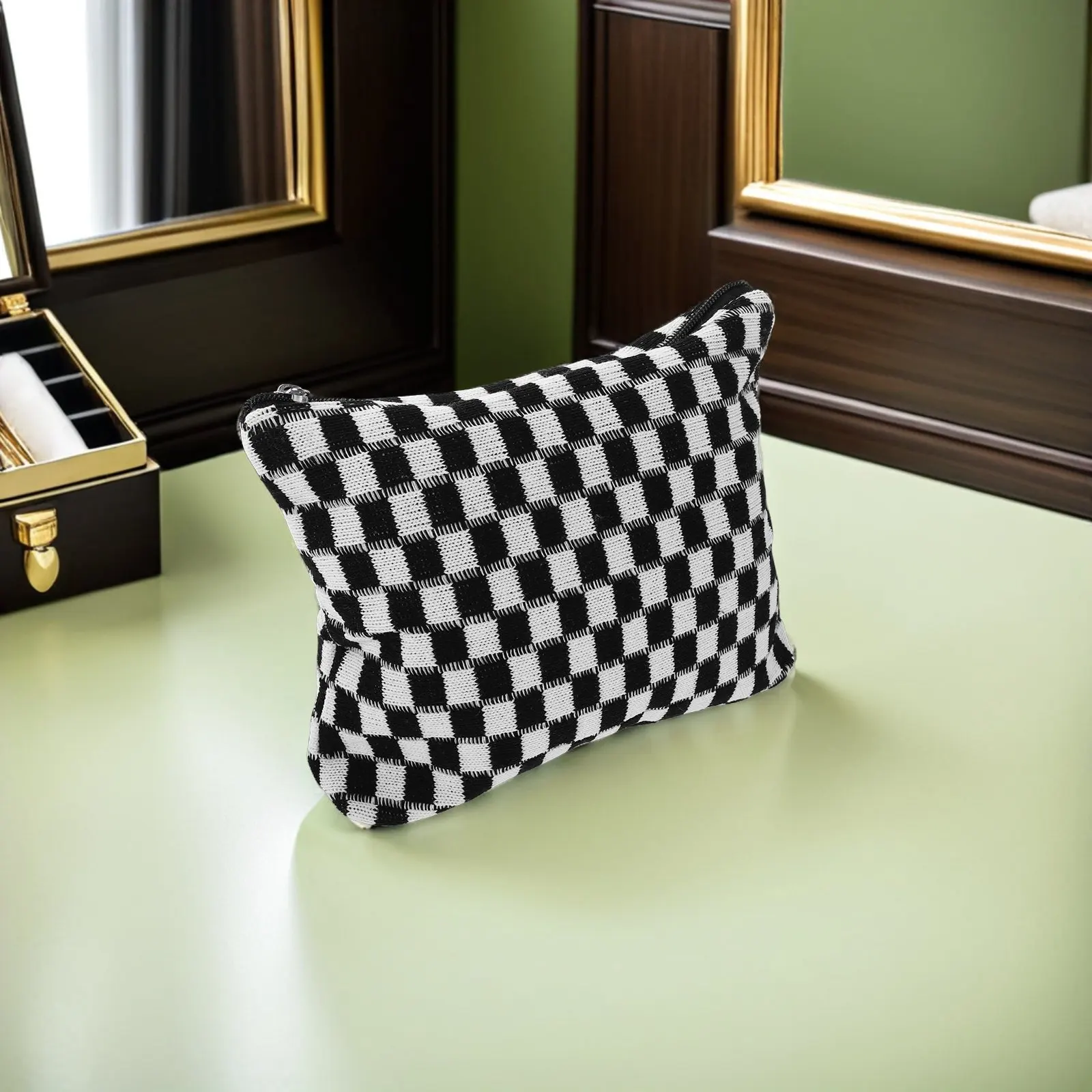 

2Pcs Knitted Checkered Makeup Bag Large Capacity Aesthetic Travel Toiletry Organizer Wash Pouch with Hanging Hook for Women