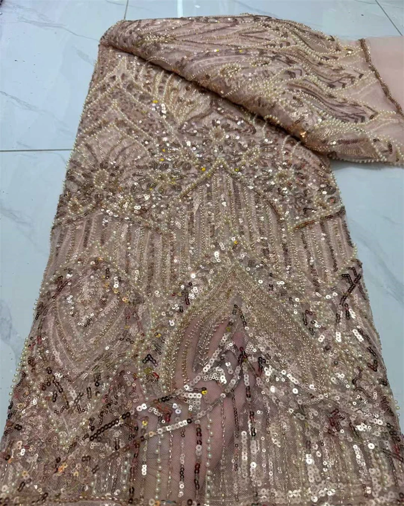 

High Quality African Sequins Lace Fabric Nigerian French Tulle Beaded Embroidery Lace For Party Luxury Dress 5 Yards
