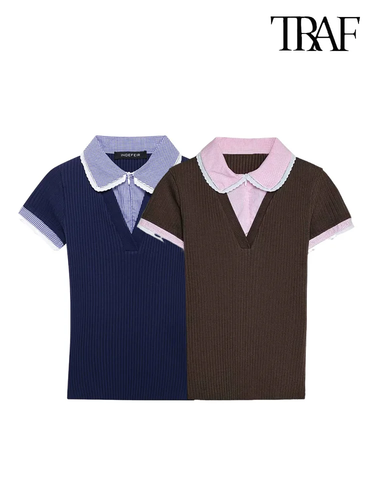 

TRAF Women's Fake Two Pieces Collision Small Round Lapel Ribbed T-Shirt Summer New Commuter Fashion Simple Short Sleeve Top