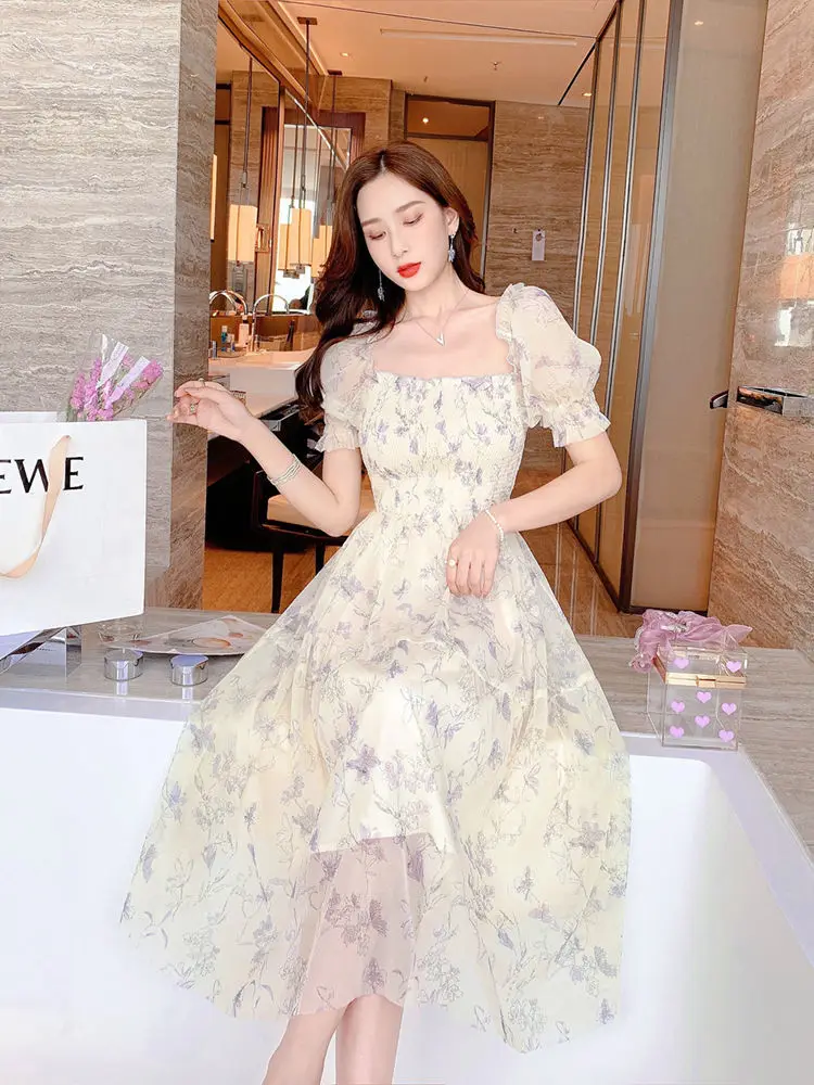 chiffon korean floral dress Korean Elegant Fashion Chiffon Dress Summer French Vintage Floral Dress  Square Collar Puff Short Sleeve Ink Painting Dress 20827