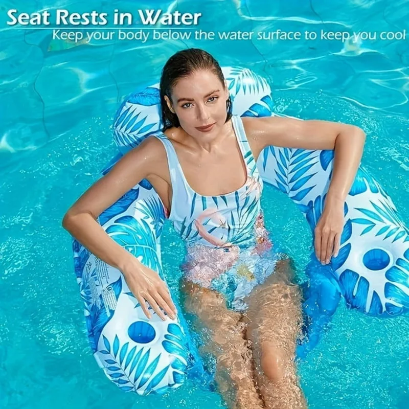 Portable Inflatable Swim Float Chair U-Shaped Design with Backrest Cup Holder Adult Water Beach Lounge Seat