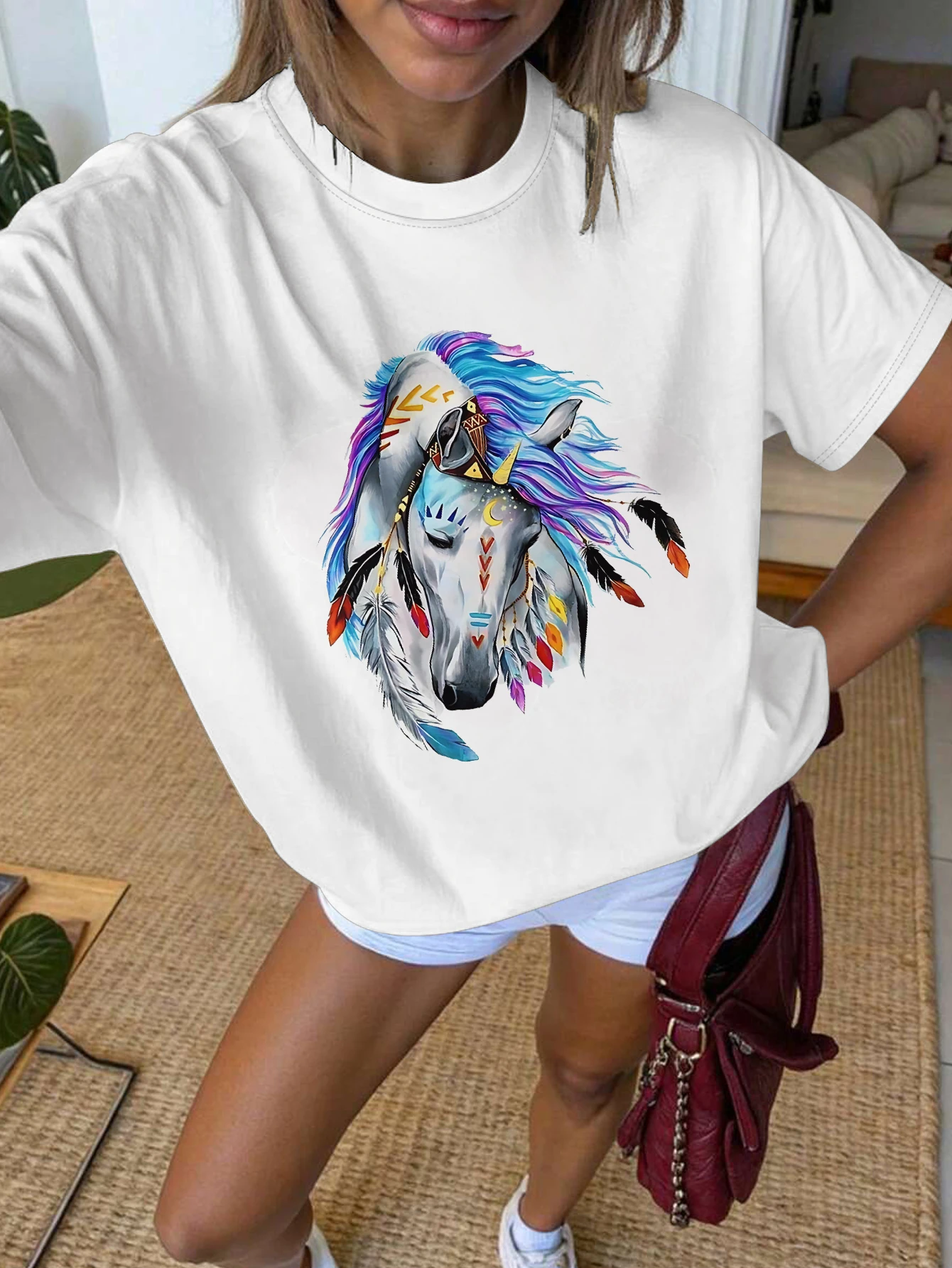 

Женская футболка больших размеров с круглым вырезом и красочным принтом лошади и короткими рукавами, модные повседневные женские топы