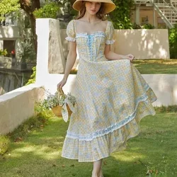 NONSAR French Pastoral Printed Fresh Lacing-up Webbing Dress Women Sweet Gentle Summer Travel Beach Long Victorian Plaid Dress