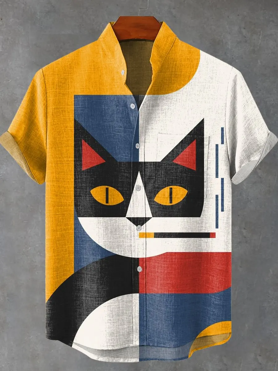 2025 Men's New Cat Linen Short Sleeve with Summer Comfortable Fabric Button Top Fantasy Cat Pattern Print - Image 6