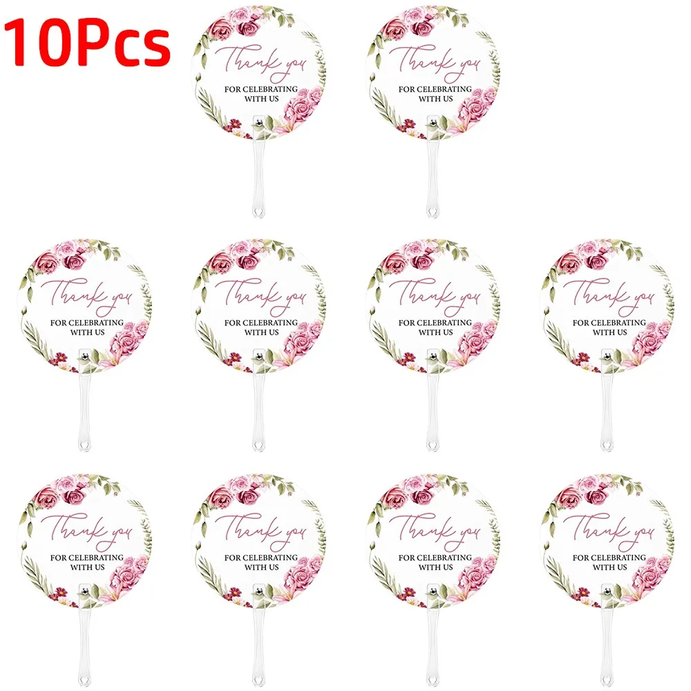 10Pcs Pink Floral Thank You Hand Fan Translucent Plastic Translucent Round Fan Single-Sided Print Photo Prop Fans