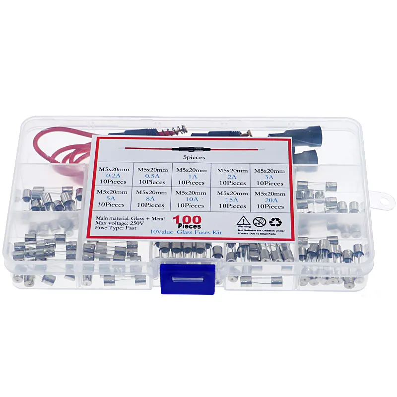 5pcs 5x20mm Fuse Holder Inline Screw Type with 16 AWG Wire + 250V 100pcs Quick Blow Glass Tube Fuse Assorted Mixed pack kit