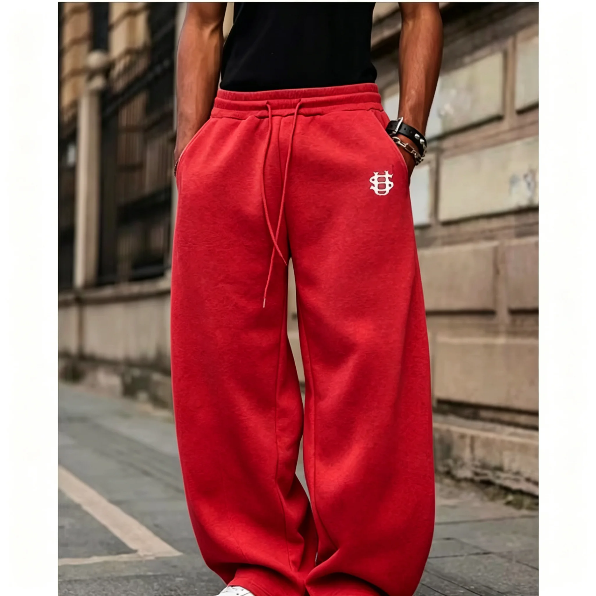2026 Herren Streetwear Weitbeinige Jogginghose, Dollarzeichen-Stickerei, Lässige Sport-Langhose, Coole Modische Herbsthose, Ideal – Detail 4