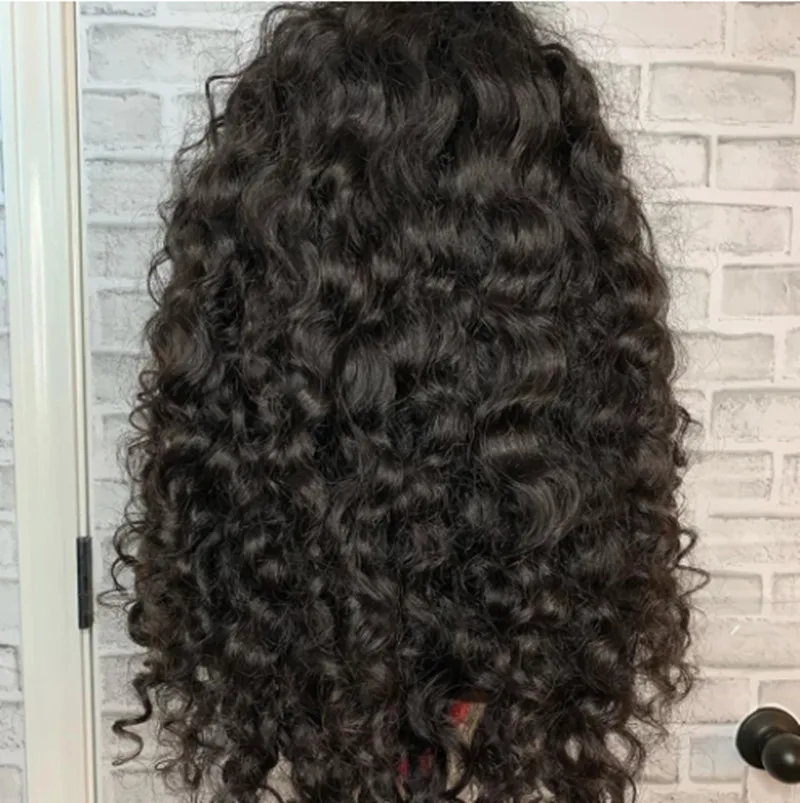 Soft Natural Black 26Inch Kinky Curly Long 180Density Machine Wig With Bangs For Women High Temperature Fiber Glueless Daily