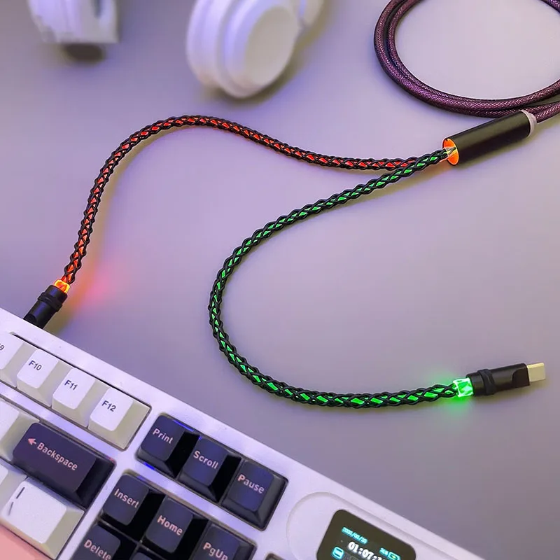 2 IN 1 Dual Type C Cable RGB Changing Hollow Design 8K Rate Fast Charge Data Cord Single Crystal Copper for Magnetic Keyboard