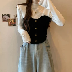 Fat Mm French Style Fake Two Piece Slimming Plus Shoulder Plus Size Top for Women New Fashionable Slim Fit Slimming Long Sleeved