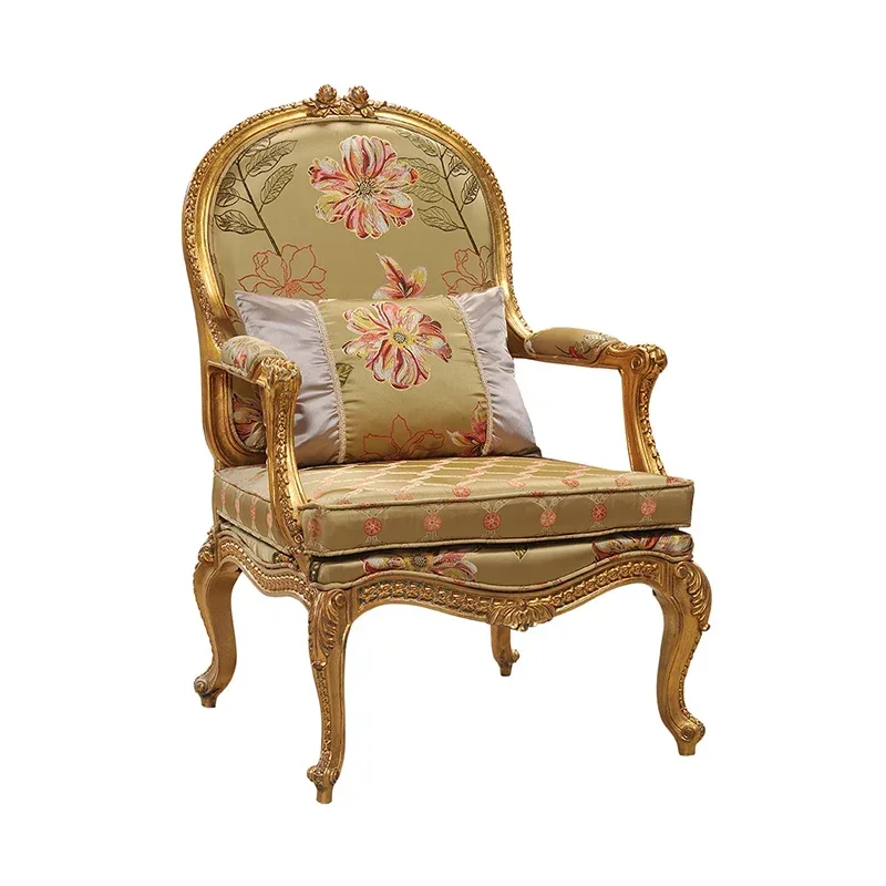 

French classical solid wood carving flower gold foil old embroidery fabric single leisure chair household sofa chair