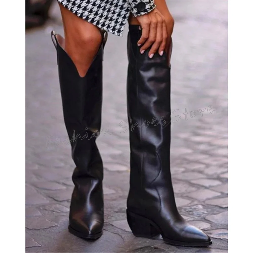 Schwarze spitze Zehen-Stiefel aus mattem Leder, kniehoch, klobige High Heels, High-Heel-Schuhe für Damen, Heels, 2022, neue Zapatos Para Mujere