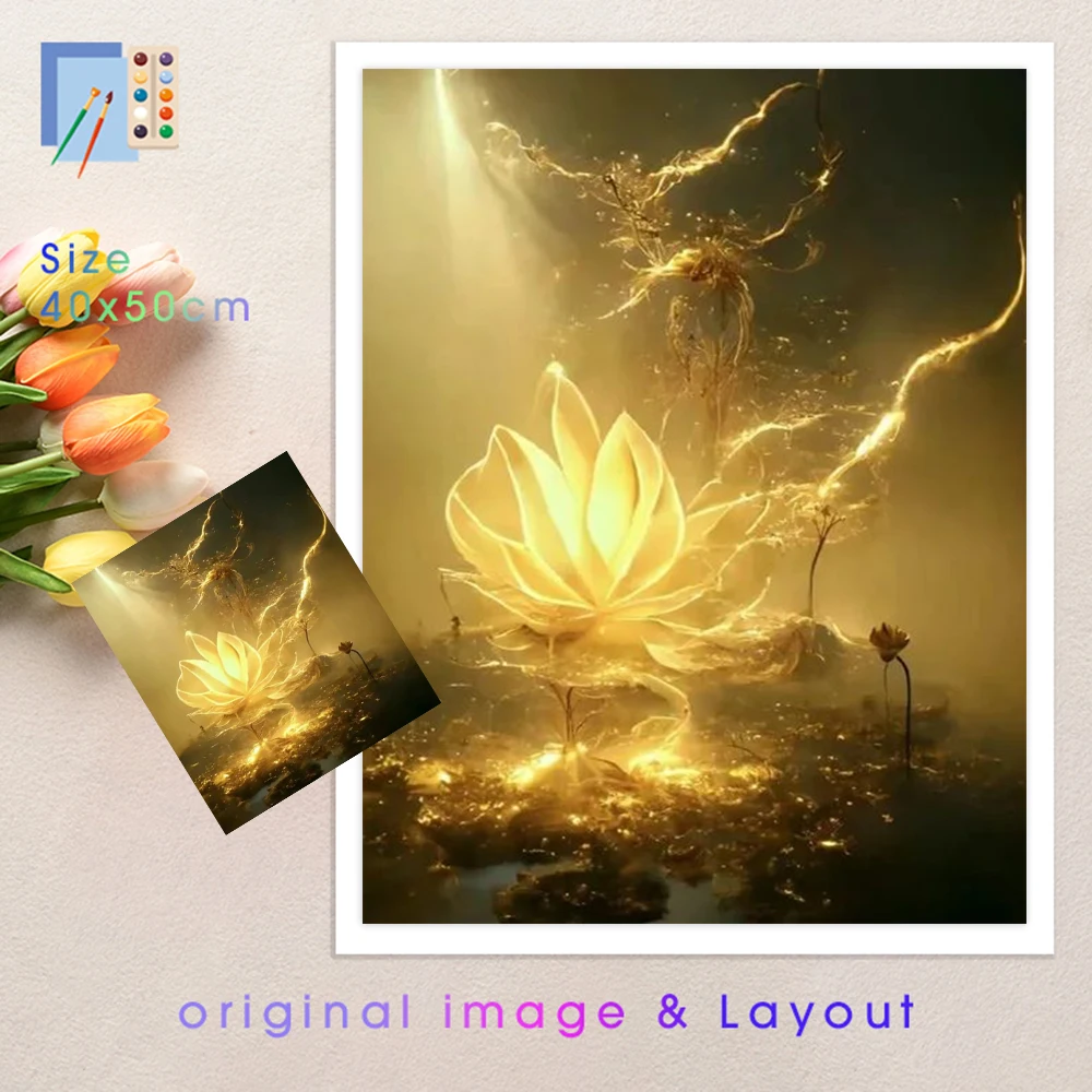 PhotoCustom Painting By Number Canvas Kits Handpainted Gift DIY Crafts Coloring By Numbers Golden Lotus Home Living Room Wall Ar