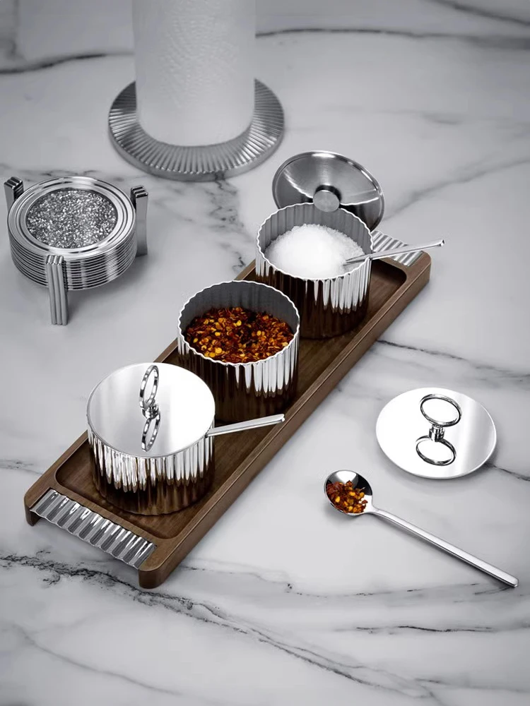 Luxury Stainless Steel Salt Jar, Sugar Bowl with Lid & Spoon, Spice Container, Art Deco Condiment Jar for Pepper, Seasonings