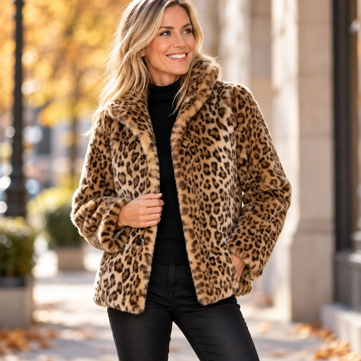 Leopard Print Notched Lapel Coat Straight Cut Streetwear Women Coat with Regular Sleeve Turn Down Collar Elegant Regular Length