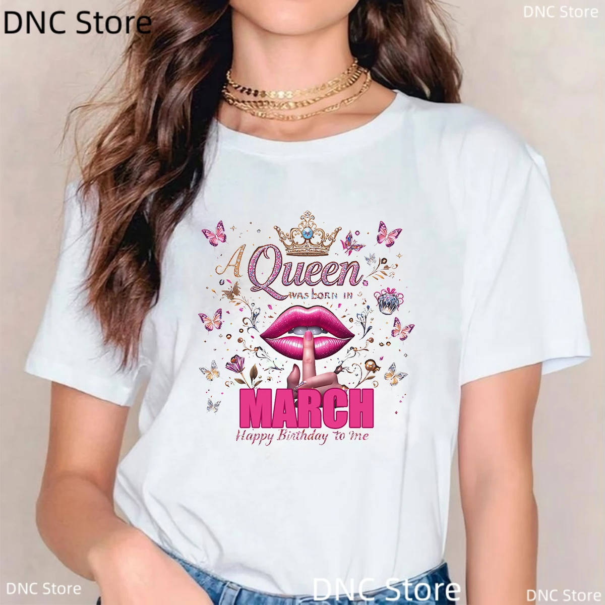 Camiseta con estampado gráfico de la reina, con la frase "Esta reina nació en marzo/abril/mayo, Feliz cumpleaños para mí", camiseta con estampado de labios rosas y mariposas para niñas, camisetas para mujer