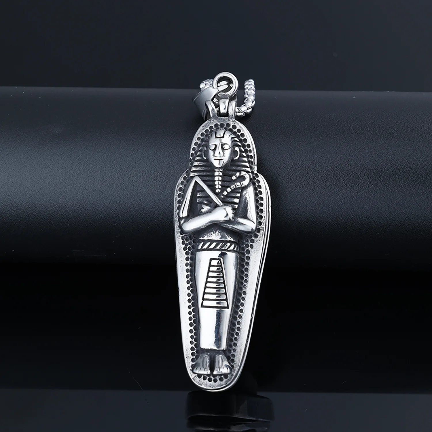 

Hot Selling Personality Trend Necklace Egyptian Mummy Coffin Pendant Stainless Steel Titanium Steel Men Fashion Simple Gift