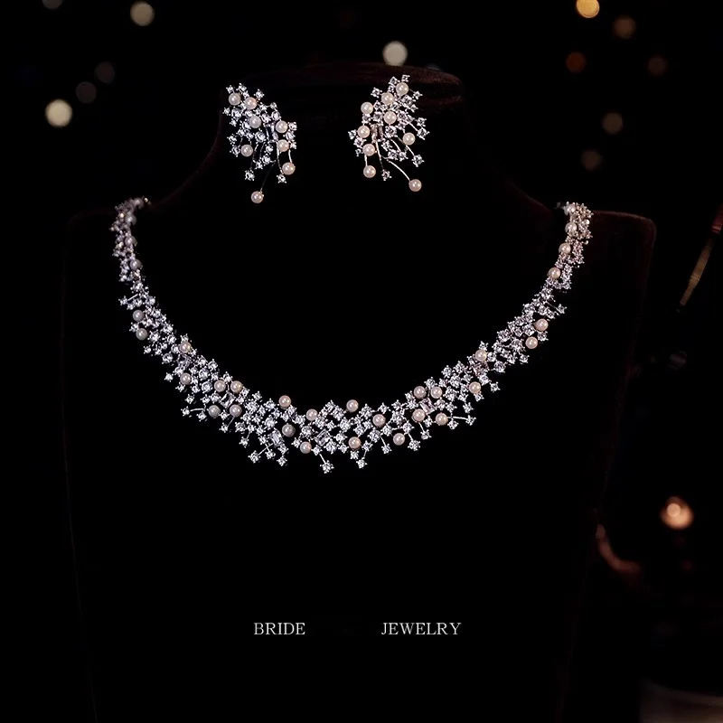 

Fine Jewelry Sets for Women Silver Color Super Zirconia and Pearl Necklace Earring Fashion Engagement Wedding Party Accessories