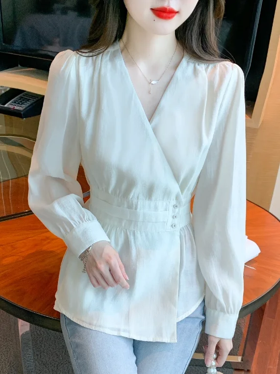 

Женская шифоновая блузка с длинным рукавом, модная, приталенная, скрывающая живот, во французском стиле, из полиэстера, новинка осени 2025 года