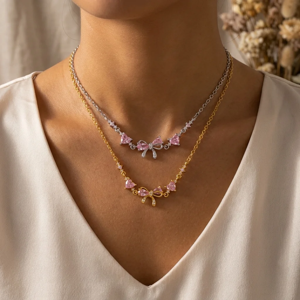 Süße und liebliche Halskette im Ins-Stil, herzförmige Zirkon-Schleifenkette, Valentinstagsgeschenk für Frauen – Detail 3
