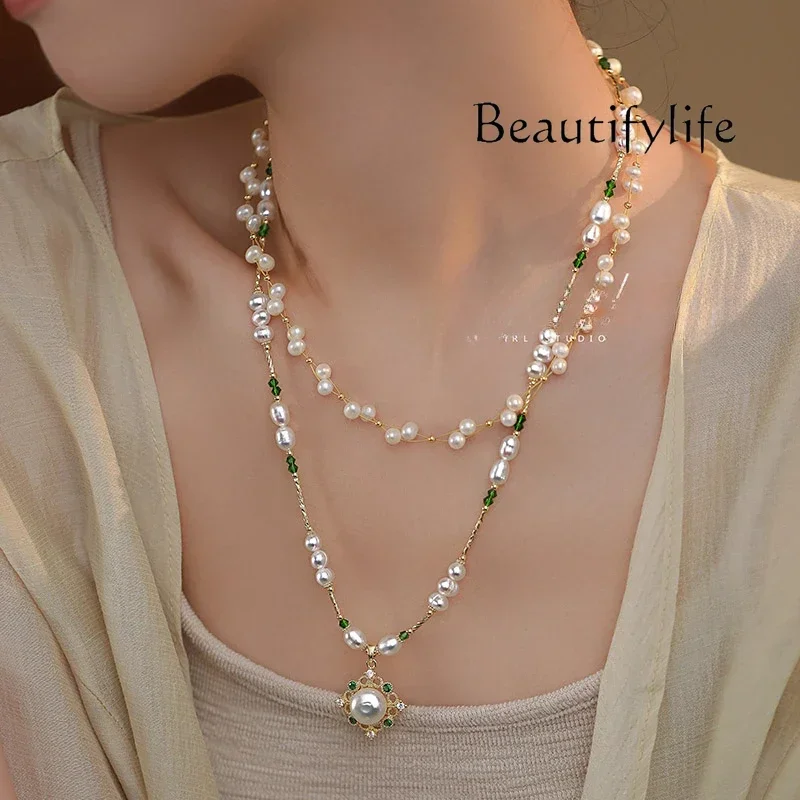 Long double-layered natural pearl cut crystal necklace women's sweater chain high-end light luxury