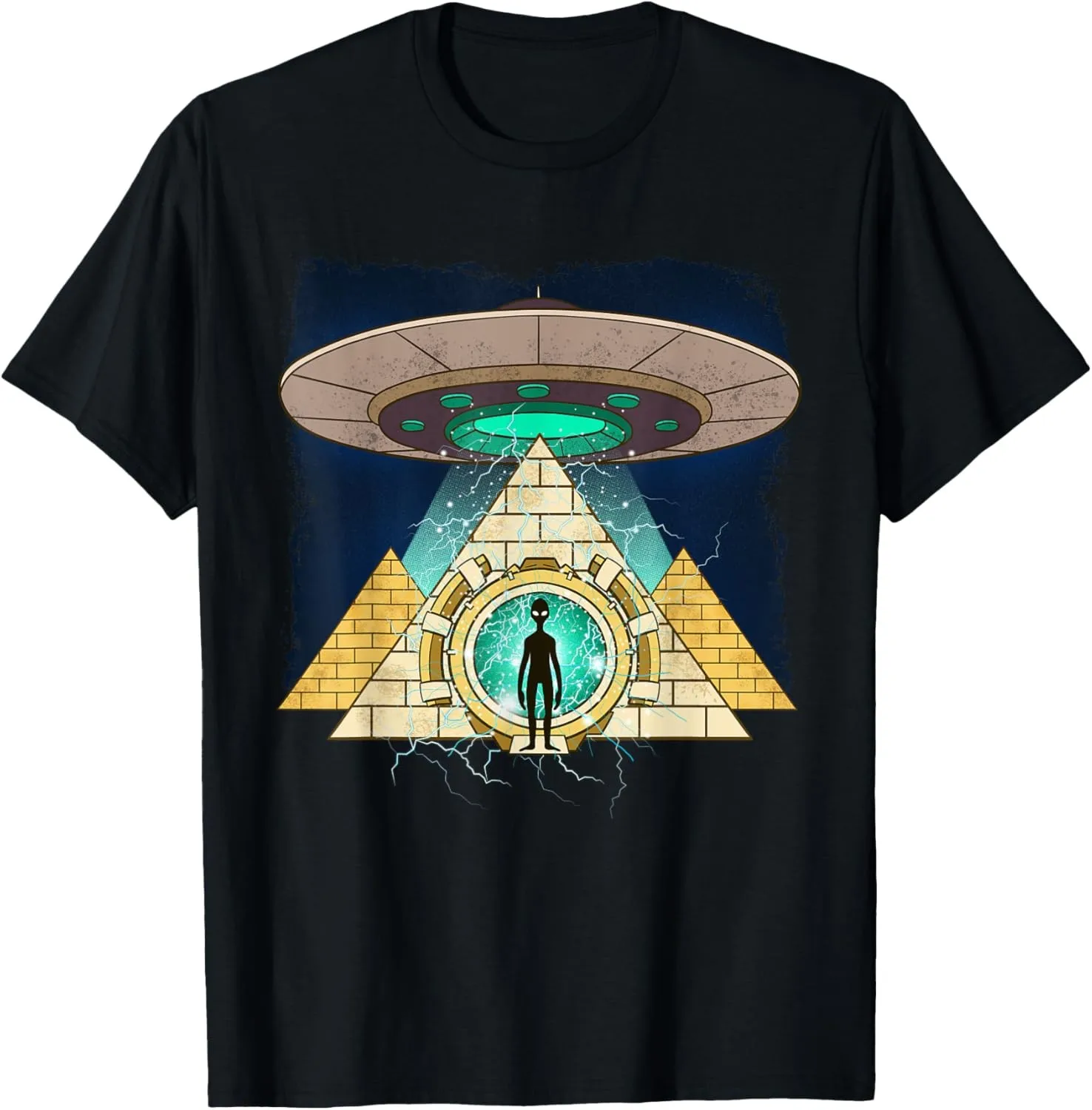 Funny Aliens UFO Egyptian Pyramids Sci-Fi T Shirt Y2K Streetwear Custom Graphic Print Unisex Camisas Casual Tops