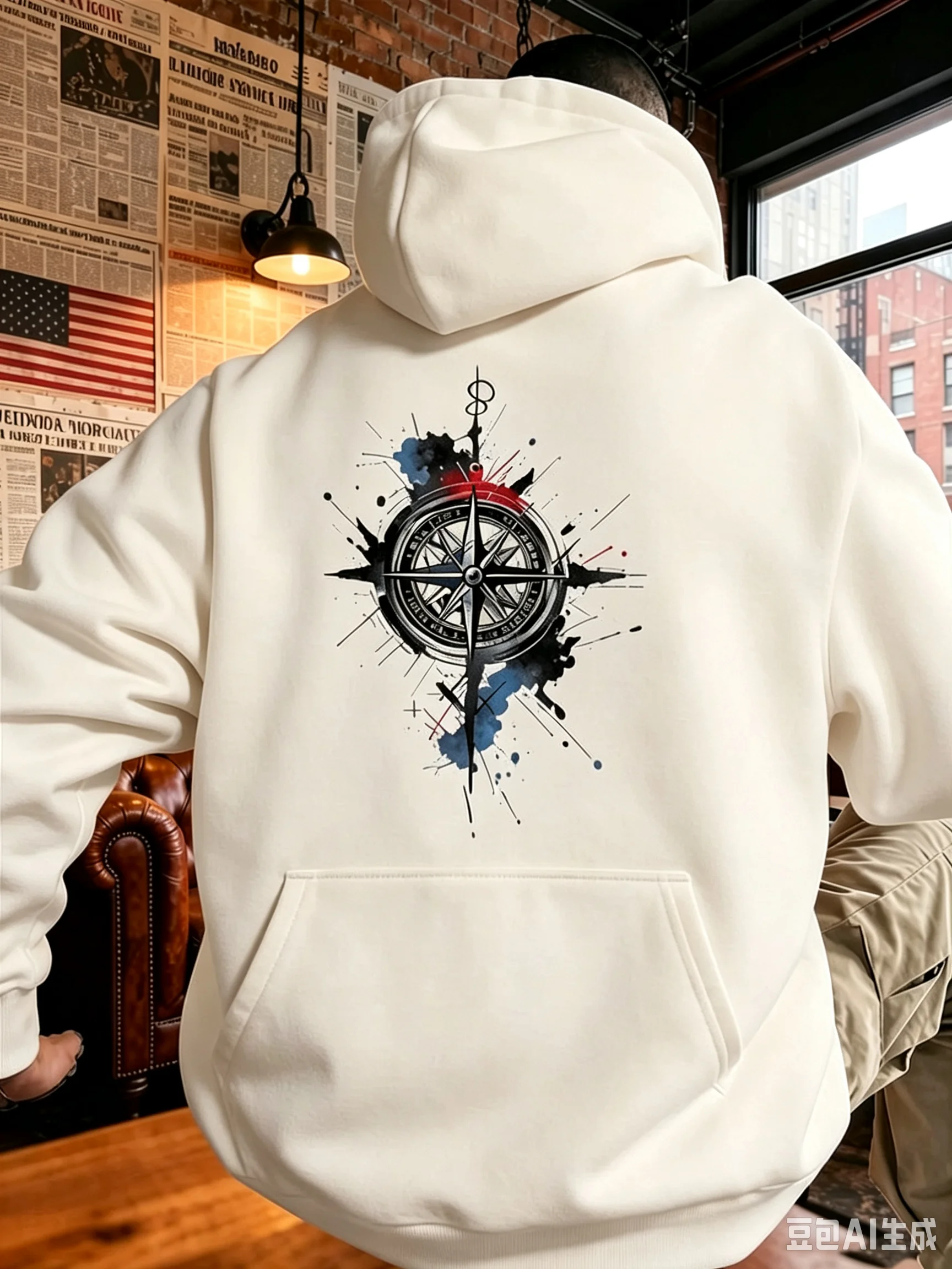 Men's Compass Rose Waterdrop Art Hoodie Loose Fitted Top for Autumn/Winter Outdoor Activities and Casual Street Wear