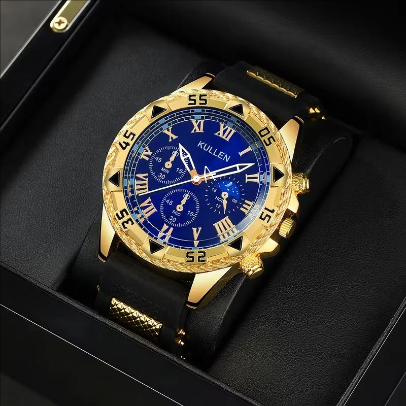 4pcs/1pcs Luxury Men's Quartz Watch Jewelry Set Fashion Decoration Three Eye Dial Men's Business Watch (No Box)
