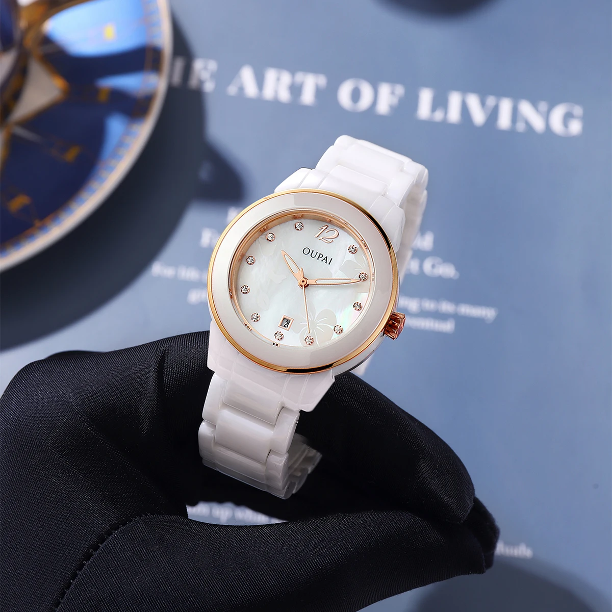 Часы OUPAI с круглым циферблатом, женские керамические шкала со стразами, изысканные, светящиеся водонепроницаемые, календарь, модные и элегантные.