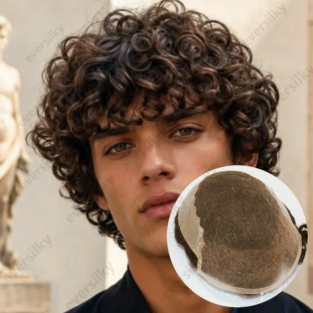 20mm Lockiges, super langlebiges Q6Men Toupet, grau, schwarz, blond, Echthaar, französische Spitze & dünne PU-Basis, unsichtbare, gebleichte Knoten, Herrenperücke – Detail 2