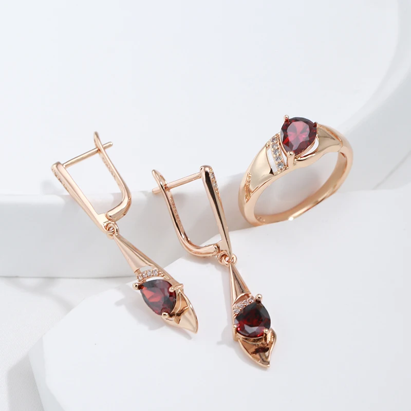 SYOUJYO Red Water Drop Natural Zircon Long Dangle Earrings For Women 585 Rose Golden Elegant Bride Wedding Fine Jewelry