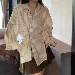 Women Striped Shirt Korean High Street Casual Loose Long Sleeve Tops Summer Streetwear Irregular Turn Down Collar Ladies Blouse