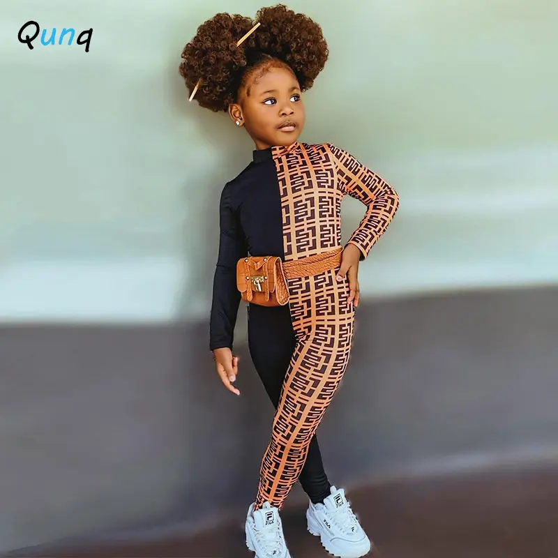 Qunq 2023 Summer New Girls Fashion Ins O Neck Long Sleeve Splice Color Print Slim Jumpsuit Casual Girls Kids Clothes  Age 3T-8T