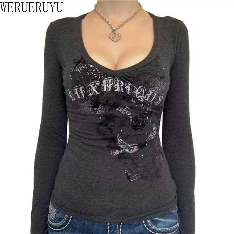 

Винтажная футболка с рисунком, топы с длинными рукавами, готическая одежда для женщин, осень-зима, трикотажная потертая футболка с v-образным вырезом, женская новинка 2023 года