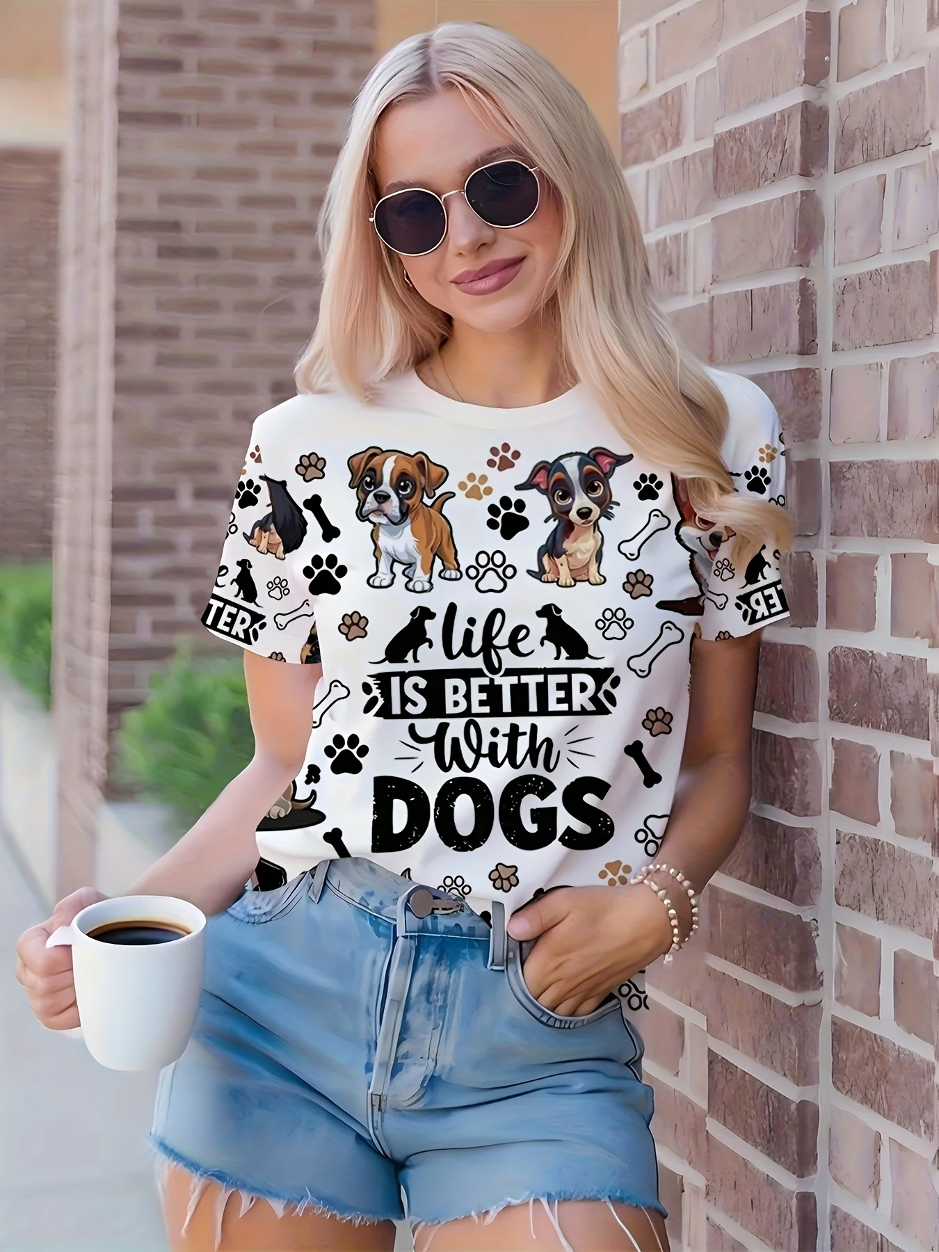 Women White Crew Neck Tee Pet Lover Quote Life Is Better With Dogs Cartoon Dog Paw Bone Print Short Sleeve Top