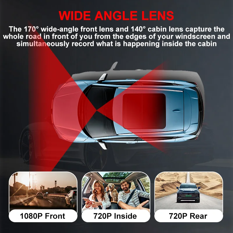 Car DVR WiFi 3-Channel Dash Cam Front Rear Inside Camera Triple Lens IR Night Vision Loop Recording Vehicle Recorder