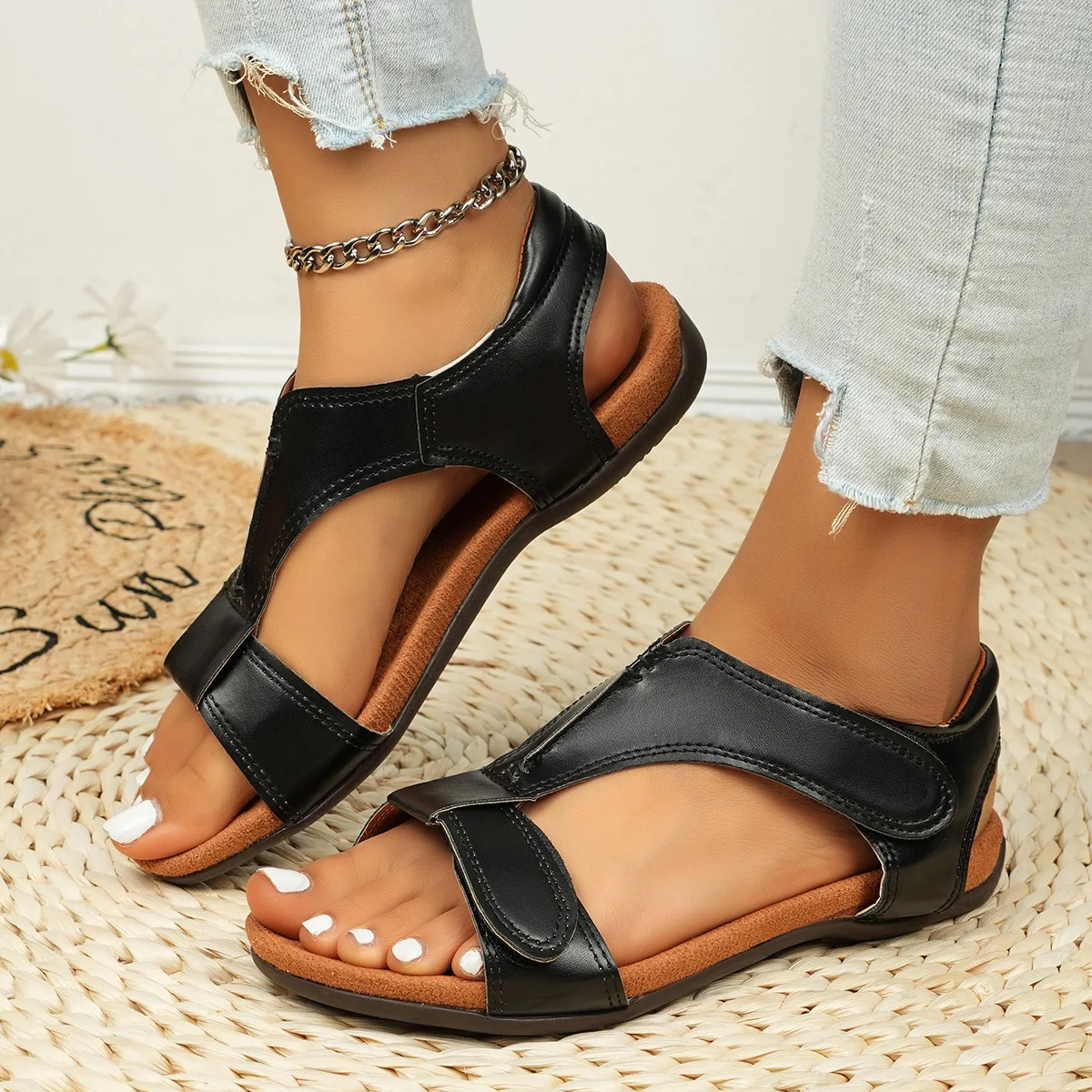 

Summer Women's Leather Round Toe Flat Velcro Sandals Casual Ankle Buckle Strap Female Beach Shoes